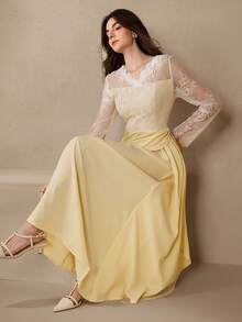 Graceveil V-Neck Lace Patchwork Waist Pleated Long Sleeve Flared Dress For Women - Yellow - View 2
