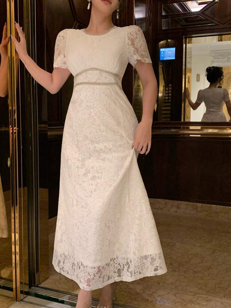 Women's Floral Lace Round Neck Puff Sleeve Elegant Dress Cocktail Dress