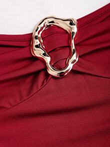 Sweetra 女士性感红色吊带金属扣荷叶边迷你连衣裙 - 紅色 - 查看 3