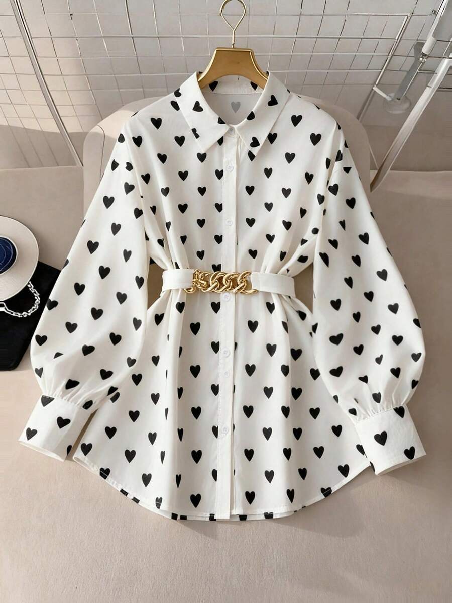 GlowEve CURVE 大码女士优雅衬衫领装饰链条腰带系带长袖上衣，适合派对、约会、通勤等场合。 - 彩色 - 查看 1