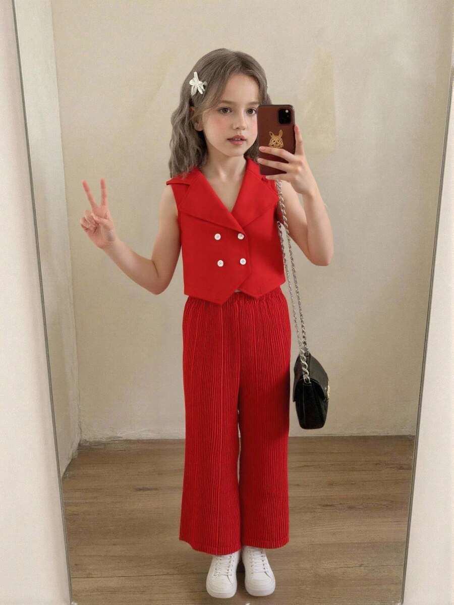 2pcs Young Girl Elegant Red Fashion Vest & Pleated Long Pants Set,Summer 7th Birthday Casual Outfit For Girls Button Top Collar Two Piece Outfit - Red - View 1