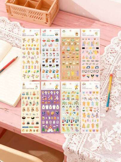 8 Sheets/Set Holographic Kawaii Planner Waterproof Stickers, Cartoon Animals Design, Korean Style DIY Stationery Decorative Stickers Back To School
