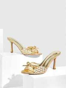 CUCCOO SZL Casual Fashion Bow Decor Open Toe Women Heeled Sandals For Christmas - Gold - View 2