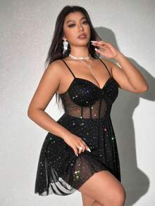 Viva Relle Váy ngắn chữ A lưng thun co giãn, dây mảnh, lưới lấp lánh, thanh lịch và gợi cảm cỡ lớn dành cho nữ, thích hợp cho tiệc tùng và tụ tập, mùa xuân/hè - màu đen - Xem 4