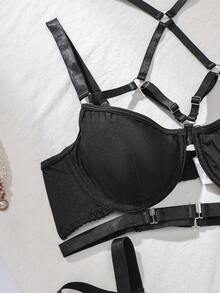 AltCore Women's Punk Ring Linked Underwire Garter Lingerie Set - Black - View 6