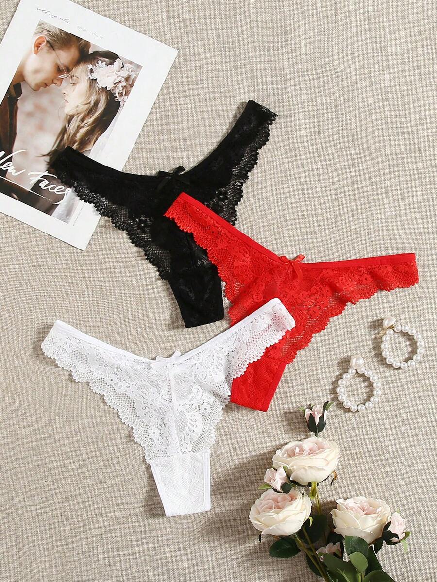 SHEIN 3packs Lace Scallop Trim Panty Set Sexy Lingerie - Multicolor - View 1