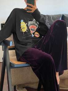 DAZY 抽象印花上衣和天鹅绒宽松裤女士睡衣套装 - 深灰色 - 查看 9