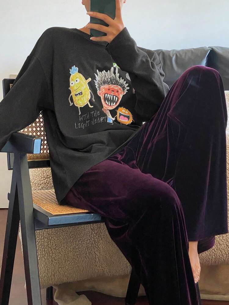 Abstract Print Top & Velvet Loose Pants Women Pajama Set