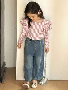 SHEIN 女童基础款条纹T恤，休闲针织面料，适合返校、学习和居家穿着 - 淺粉色 - 查看 5