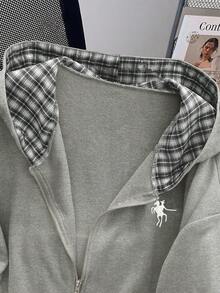 GlowEve Fashionable Casual Style Long Sleeve Plaid Collar Zipper Letter Print Sweatshirt For Women - Light Grey - View 7
