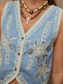 Freevana 度假休闲亮片刺绣牛仔上衣 - 霧霾藍 - 查看 7