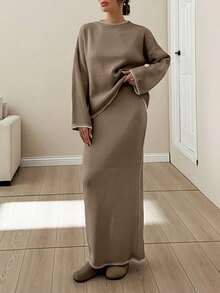 EURMUSE Women Stitch Detailed Round Neck Drop Shoulder Pullover & Sweater Skirt Set