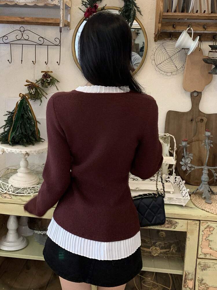 Women's Elegant Contrast Color Frill Trim Faux Pocket Cardigan, Autumn/Winter