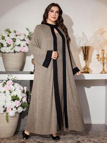 Modelyn 针织罗纹撞色开衫搭配无袖连衣裙，优雅时尚浪漫修身大码两件套 - 棕色 - 查看 6