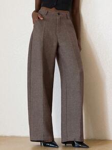 Aveloria Modichic Women's Suit Pants Herringbone Wide Leg Trousers,Shades Of Brown,Autumn,Business Casual,Office High Waist Relaxed Fit Tweed Pants With Side Pockets - Multicolor - View 1