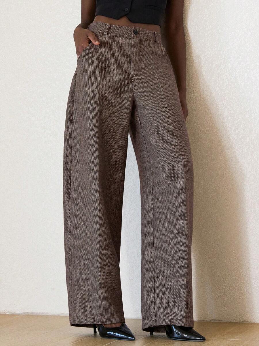 Aveloria Modichic Women's Suit Pants Herringbone Wide Leg Trousers,Shades Of Brown,Autumn,Business Casual,Office High Waist Relaxed Fit Tweed Pants With Side Pockets - Multicolor - View 1