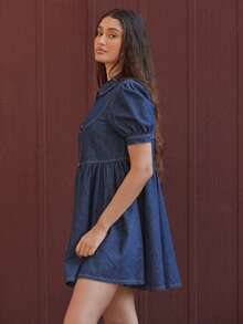 WESTFADE Peter Pan Collar Button Front Puff Sleeve Denim Babydoll Mini Dress Fall, Autumn, Winter, Casual, Cute, Western Wear, Boho, Cowgirl, New Years, NYE, Christmas