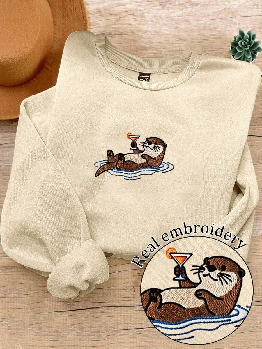 EMERY ROSE Sweatshirt Wanita Kasual Serbaguna Kerah Bulat Lengan Panjang Ukuran Besar, Musim Gugur/Musim Dingin - Aprikot - View 1