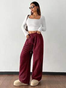 SHEIN PETITE Women's Autumn And Winter Street Fashion Casual Retro Corduroy Textured Pants Women Pants Loose Pants For Women Corduroy Pants Baggy Pants Burgundy Pants Harem Pants Women's Corduroy Pants - Burgundy - View 10