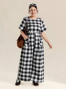 Momelise 大码女式宽松休闲短袖格子印花棉质连体裤，春季