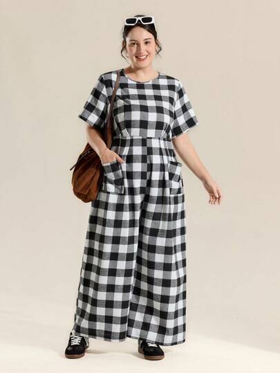 Momelise 大码女式宽松休闲短袖格子印花棉质连体裤，春季