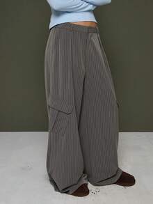 COUREZ Quần Cargo kẻ sọc siêu rộng được may đo tỉ mỉ - Xám - Xem 5