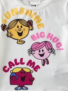 Mr Men Little Miss X SHEIN Camiseta de manga corta con cuello redondo y estampado de letras y dibujos animados para niña - Blanco - Ver 5