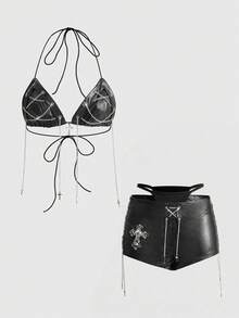 ROMWE Avant Bộ bikini 2 mảnh bó sát lưng thấp trang trí da PU phong cách Retro Gyaru Biker dành cho nữ - màu đen - Xem 1