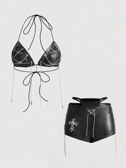 ROMWE Avant Bộ bikini 2 mảnh bó sát lưng thấp trang trí da PU phong cách Retro Gyaru Biker dành cho nữ