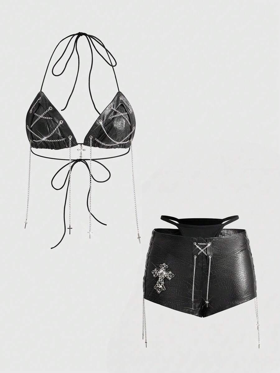 ROMWE Avant Bộ bikini 2 mảnh bó sát lưng thấp trang trí da PU phong cách Retro Gyaru Biker dành cho nữ - màu đen - Xem 1