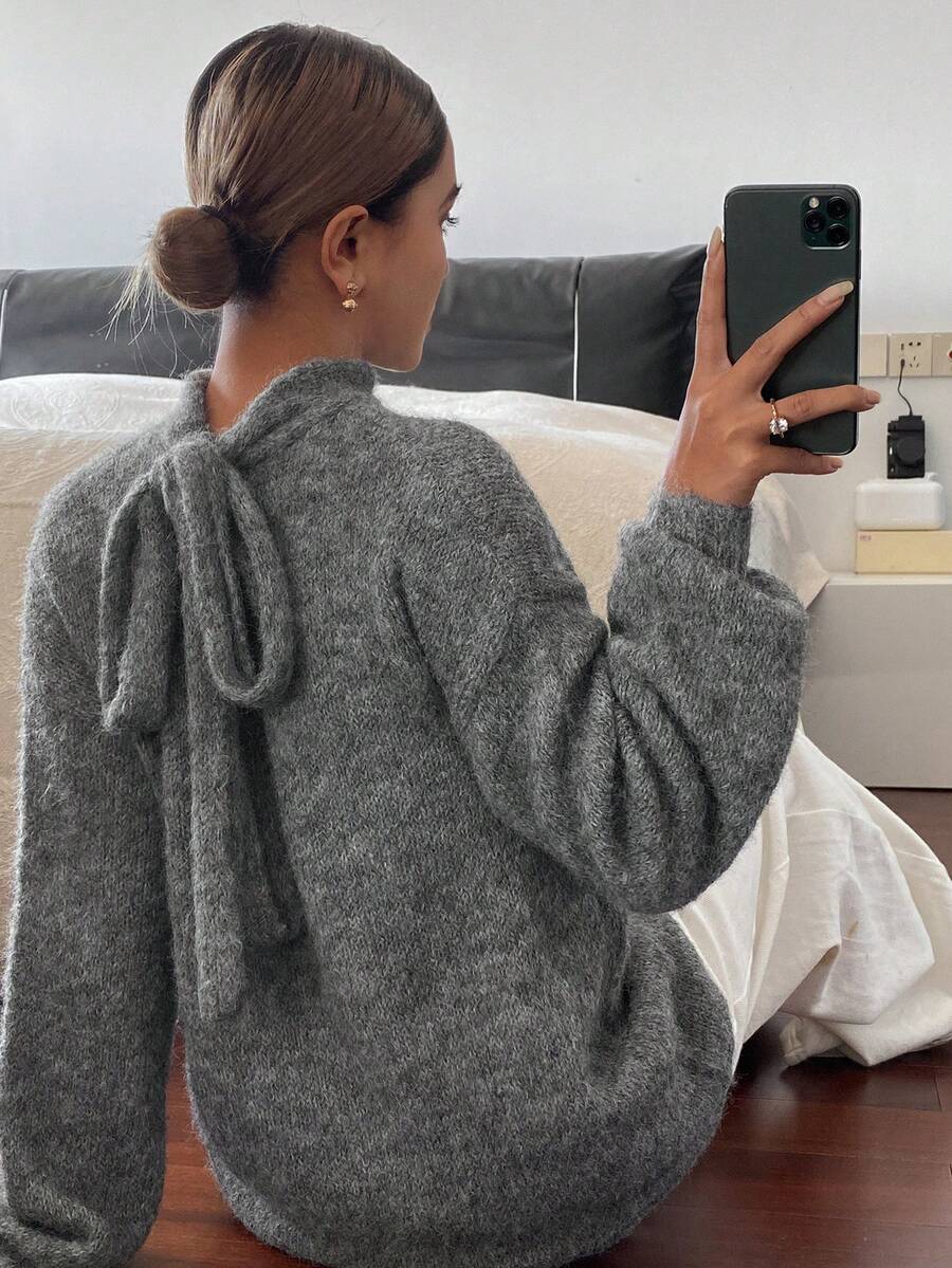 DAZY Women's Casual Loose Fit Bow Tie Pullover Sweater, All-Match & Versatile, Suitable For Spring & Winter - Grey - View 1
