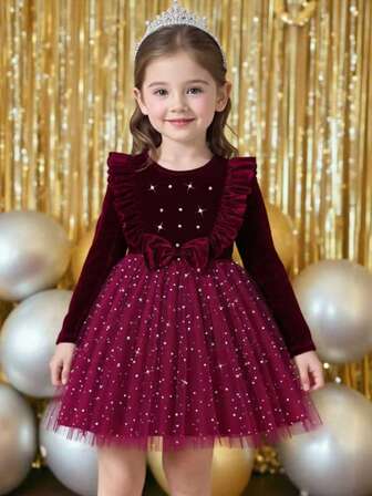 Elladie kids Modern vinröd sammetsklänning med rund hals, långärmad volang, sammetsrosett, pärlhals, midja, stjärna och mesh i A-linjeform för unga flickor. Lämplig för nyår, fest, högtid, elegant outfit, vår/höst, vinter, jul