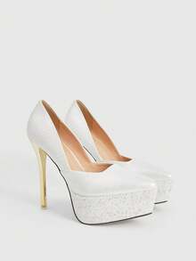 CUCCOO LuxiPop Giày cao gót đế xuồng chống thấm nước, lấp lánh, thời trang, thanh lịch, phù hợp cho các bữa tiệc Giáng sinh, Năm mới và trang phục đi hộp đêm. - trắng - Xem 3