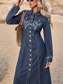 EMERY ROSE Women's Floral Embroidered Long Sleeve Single-Breasted Casual Denim Dress Winter New Year - Dark Wash - View 4