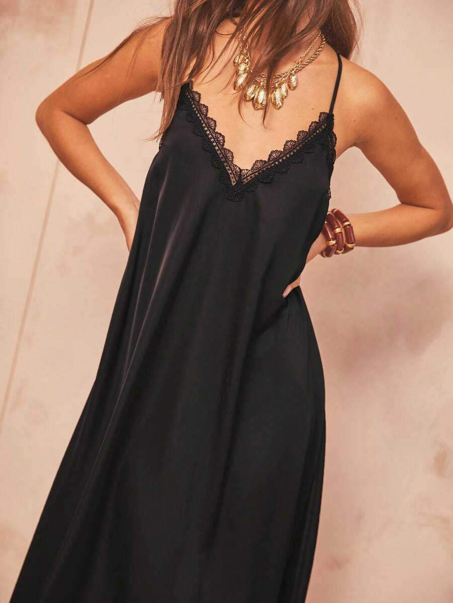 Aralina Lace Trim Slip Spaghetti Strap Satin Loose Elegant Maxi Dress - Black - View 1