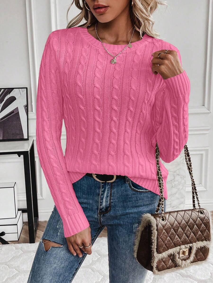 EMERY ROSE Áo len dệt kim dài tay cổ tròn thường ngày dành cho nữ, đa năng cho mùa thu/đông - Hồng - Xem 1