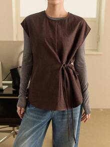 Dazy-Less Brown Sleeveless Pullover Vest, Casual & Fashionable Shirt For Women, Autumn/Winter Business Casual Woman - Brown - View 6