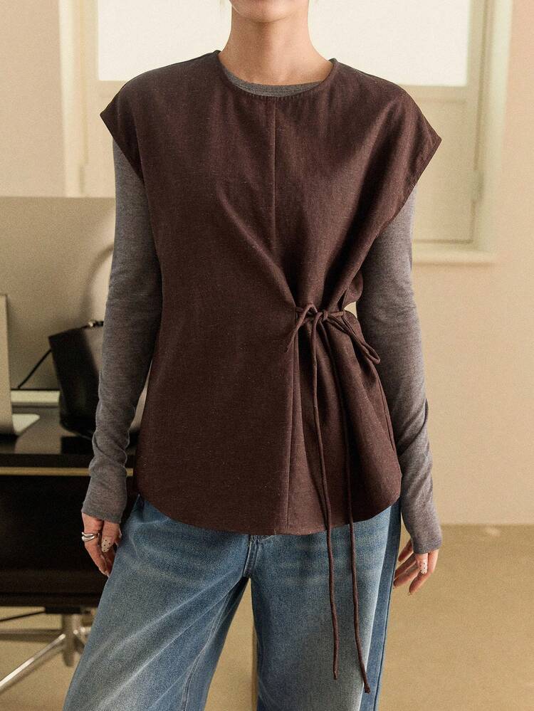 Brown Sleeveless Pullover Vest, Casual & Fashionable Shirt For Women, Autumn/Winter Business Casual Woman