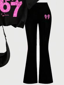 Tween Girl Numeric Print T-Shirt And Flare Pants Set - Black - View 4