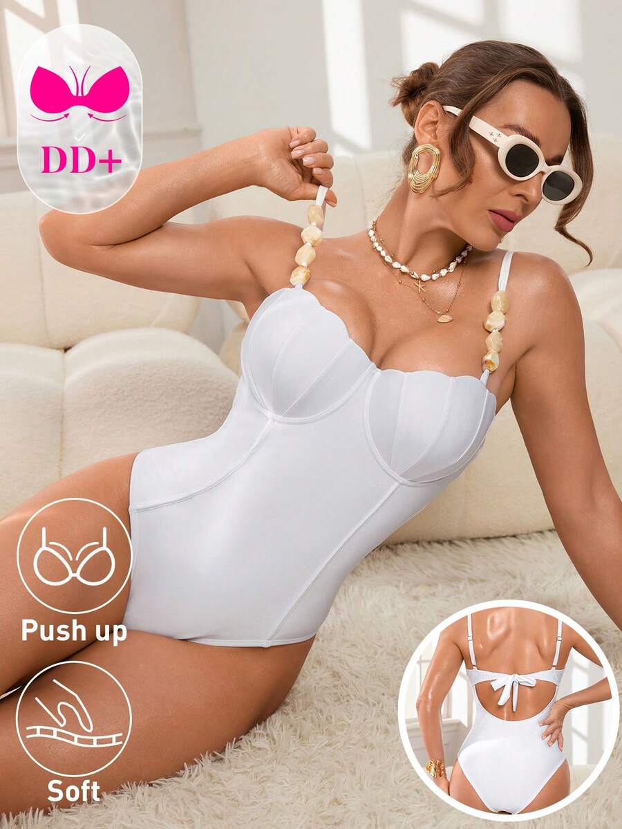 Swim DD+ 女士白色亮面面料肩带泳衣，配米色六边形纹理扁平珠子，DD罩杯，钢圈支撑，塑形显瘦，后背系带设计，连体泳衣