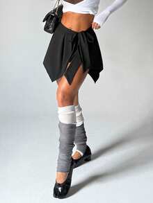 Easithlete 纯色腰部打结运动裙（不含紧身裤）网球裙 - 黑色 - 查看 1