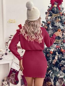 SHEIN LUNE Women's Casual Christmas Letter Print Turtleneck Red Embroidered Dress, Fall/Winter For New Year Clothes - Purple - View 2