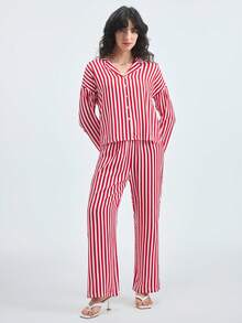 Loungeista 女士宽松纽扣条纹长袖上衣和松紧腰裤家居服套装（2件套），冬季服装 - 紅白色 - 查看 3