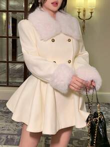 DAZY 女士优雅纯色羊毛领A字大衣，秋冬款 - 米色 - 查看 10