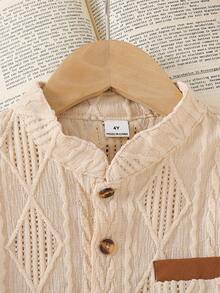 2pcs Young Boys Collared Short Sleeve Jacquard Knit Shirt With Pocket + Elastic Waist Wide Leg Pants Casual Suit, Brown & Khaki, Suitable For Spring/Summer Everyday Wear - Khaki - View 6