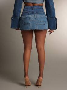 Denimoi Stacked Waist Low Rise Raw Hem Denim Micro Mini Skirt - Blue - View 3