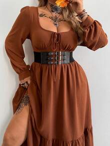 Whyspr 大码撞色收腰长袖连衣裙，春季 - 彩色 - 查看 3