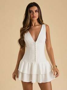 SHEIN BAE Casual Solid Color V-Neck Sleeveless Cinched Waist Women Mini Dresses - White - View 6