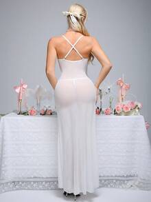 Crystal Vow 2pcs/Set Women's Contrast Lace Sheer Wireless Sexy Lingerie Set - White - View 2