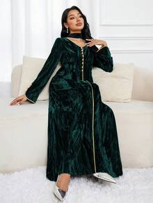 Al Najma 女士V领长袖纽扣设计优雅阿拉伯连衣裙 - 墨綠色 - 查看 4